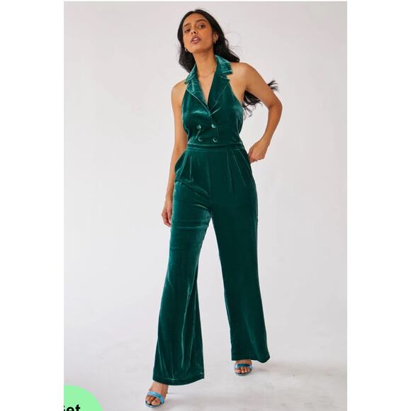 Rachel Antonoff Green Velvet Flynn Halter Jumpsuit Size 4 - Picture 1 of 10